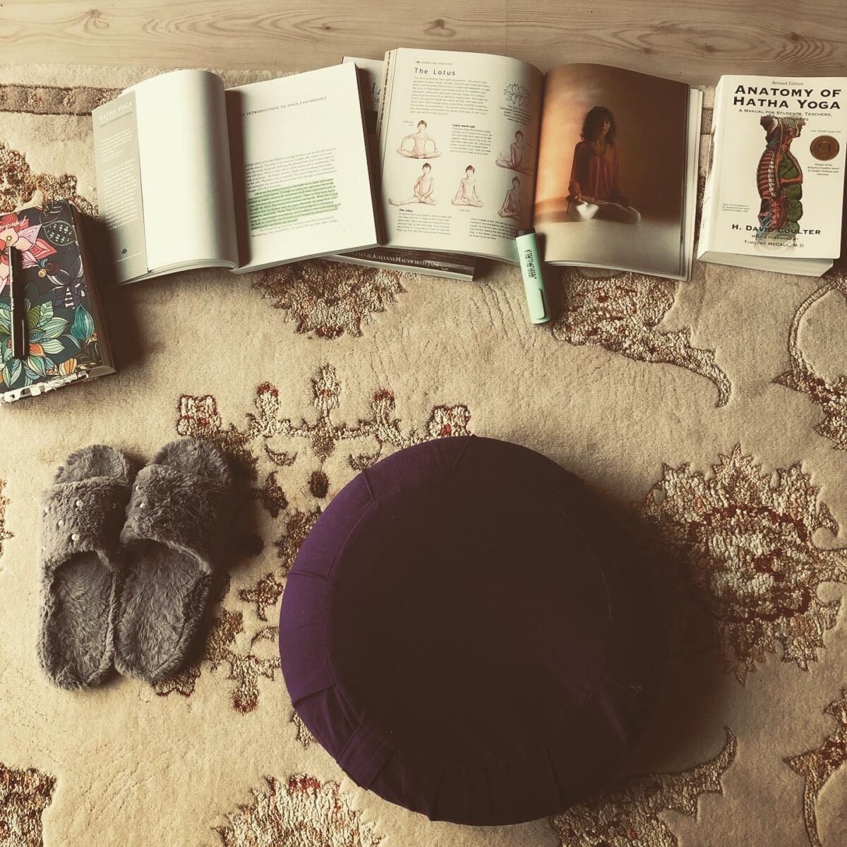 Meditation cushion with yoga books